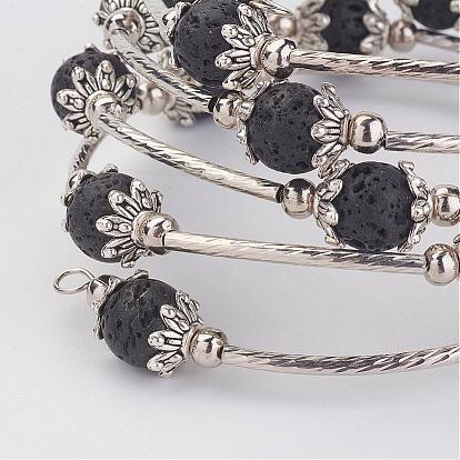 Five Loops Wrap Lava Rock Beads Bracelets, with Brass Tube Bead, Iron Bead Spacers, Tibetan Style Bead Caps