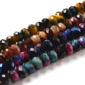 Natural Rainbow Tiger Eye Beads Strands, Dyed, Faceted, Rondelle