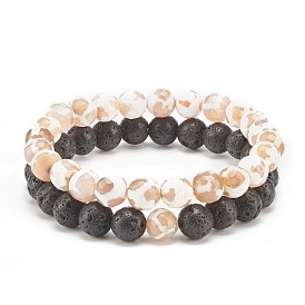 2Pcs 2 Style Dzi Mala Bead Bracelets Set, Natural Lava Rock & Agate Stretch Bracelets Set for Women