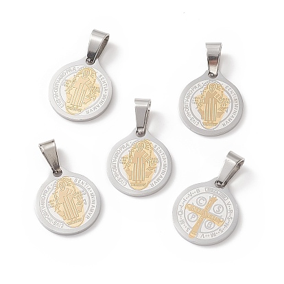 304 Stainless Steel Flat Round Pendants, Golden & Stainless Steel Color, 17x15x1mm, Hole: 4x6mm