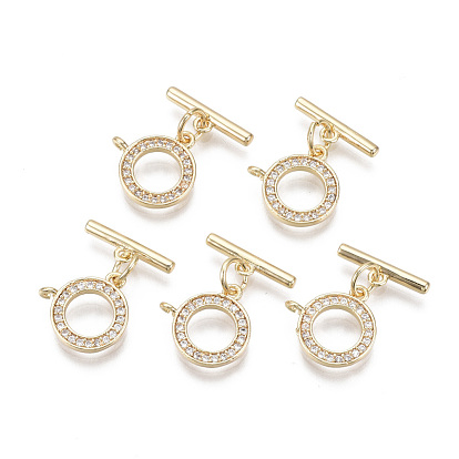 Brass Micro Pave Clear Cubic Zirconia Toggle Clasps, with Jump Rings, Nickel Free, Ring