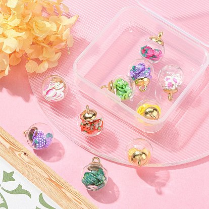 10Pcs 10 Style Glass Ball Pendants, with Mixed Polymer Clay Fruit Inside & Golden CCB Plastic Pendant Bails, Round Charms