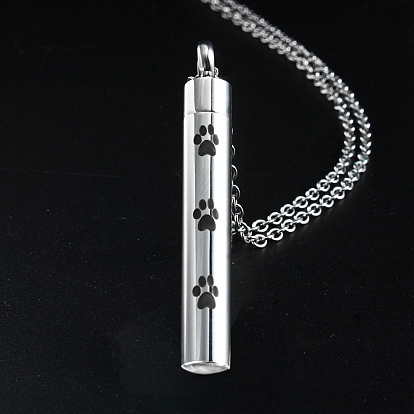 Pet Memorial Necklace, Titanium Steel Urn Ashes Pendant Necklace, Column with Paw Print Locket Pendant Necklace for Men Women