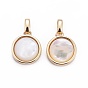Natural White Shell Mother of Pearl Shell Pendants, with Brass Findings, Flat Round