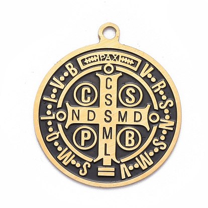 Pendentifs en acier inoxydable, avec l'émail, paillettes émaillées, plat rond avec la médaille de saint bénédict