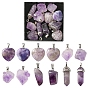12Pcs 4 Styles Natural Amethyst Pendants, with Platinum Tone Brass Findings, Nuggets & Faceted Bullet & Heart