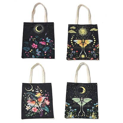 Flower & Butterfly & Moon/Sun Printed Canvas Women's Tote Bags, with Handle, Shoulder Bags for Shopping, Rectangle