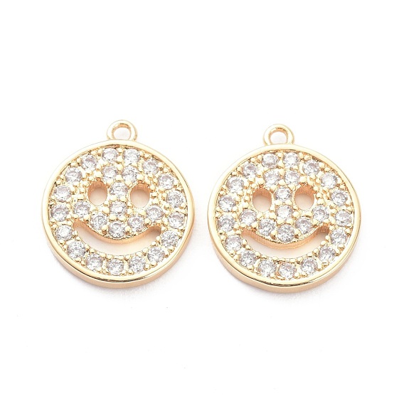 Brass Micro Pave Clear Cubic Zirconia Charms Pendants, Long-Lasting Plated, Flat Round with Smiling Face