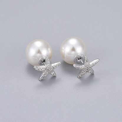 Brass Micro Pave Clear Cubic Zirconia Stud Earrings, with Acrylic Imitation Pearl, Long-Lasting Plated, Star