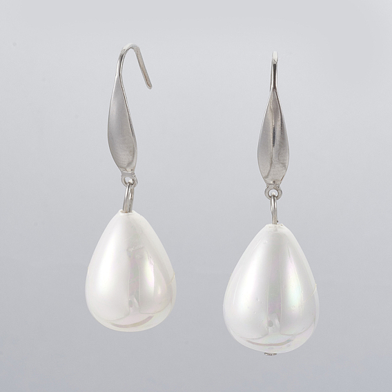 Teardrop Shell Pearl Bead Dangle Earrings, with 304 Stainless Steel Finding and Brass Finding