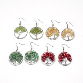 Natural/Gemstone Chip Dangle Earrings, with Brass Wires, Flat Round & Tree, Platinum