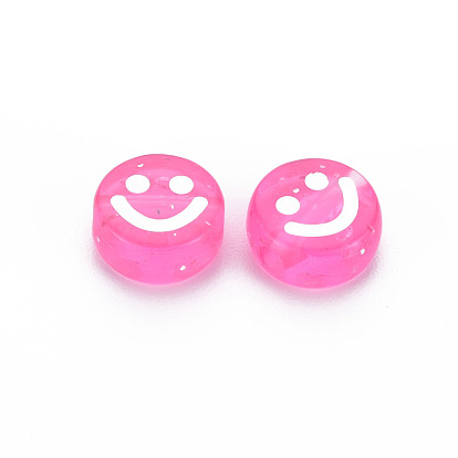 Transparent Acrylic Beads, with Glitter Powder, Flat Round with White Enamel Smile Face