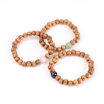 Bois perles bracelets extensibles, avec des perles naturelles de pierres précieuses, 53mm
