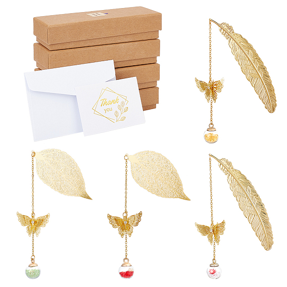 Bola de cristal nbeads y colgante de mariposa de latón 3d marcapáginas, con tarjeta de felicitación de papel y sobres, cajas de cartón