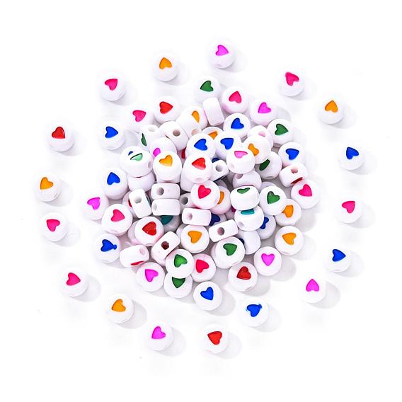 White Opaque Acrylic Beads, Flat Round with Mixed Color Heart Pattern