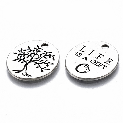 Tibetan Style Alloy Pendants, Lead Free & Cadmium Free, Oval with Word Life is a Gift & Tree