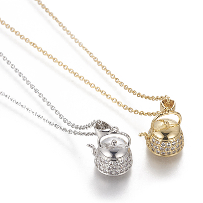 Brass Micro Pave Cubic Zirconia Pendant Necklaces, with 304 Stainless Steel Cable Chains, Teapot