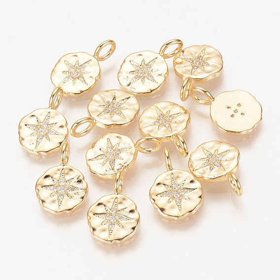 Brass Micro Pave Cubic Zirconia Charms, Flat Round, Nickel Free