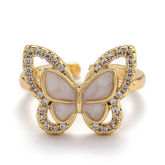 Brass Micro Pave Clear Cubic Zirconia Cuff Rings, Open Rings, with Enamel, Butterfly