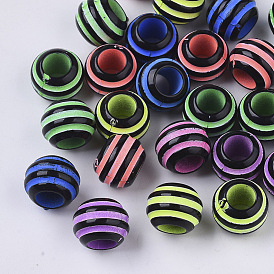 Spray Painted Acrylic European Beads, Large Hole Beads, Rondelle with Stripe
