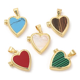 Brass Locket Pendants, with Gemstone and Shell, Long-Lasting Plated, Lead Free & Cadmium Free, Heart Charm