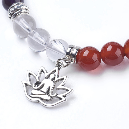 Chakra bijoux, perles naturelles mixtes de pierre étendent bracelets, avec les accessoires en alliage, lotus avec zazen