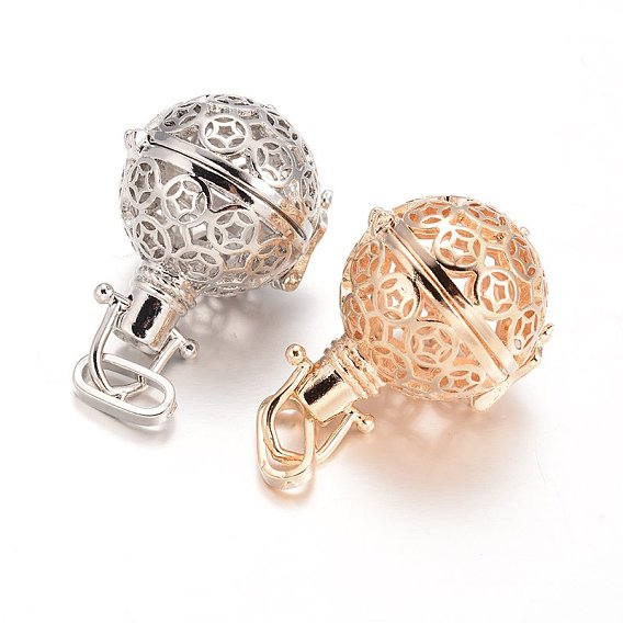 Eco-Friendly Rack Plating Brass Hollow Round Cage Pendants, For Chime Ball Pendant Necklaces Making, Cadmium Free & Nickel Free & Lead Free, 30x24x22mm, Hole: 9x4mm