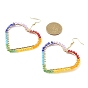 Brass Heart with Glass Beaded Dangle Earrings, 304 Stainless Steel Long Drop Earrings