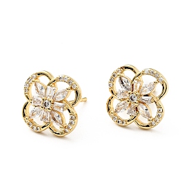 Clear Cubic Zirconia Flower Stud Earrings, Brass Jewelry for Women, Cadmium Free & Lead Free