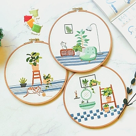 Plant Pattern Embroidery Beginner Kits, including Embroidery Fabric & Hoop & Thread & Needle, Instruction