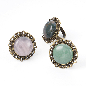 Natural Mixed Gemstone Adjustable Rings, with Iron Finger Ring Components Alloy Cabochon Bezel Settings, Half Round/Dome