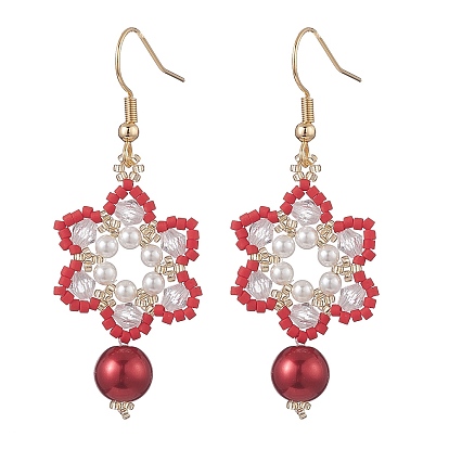 Boucles d'oreilles pendantes en perles de verre et coquillages et fleurs tressées en acrylique, Boucles d'oreilles longues dorées en acier inoxydable pour femmes