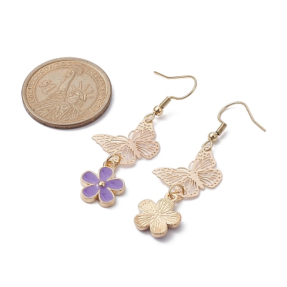 Alloy Enamel Flower & Brass Butterfly Dangle Earrings, with 304 Stainless Steel Earring Pins