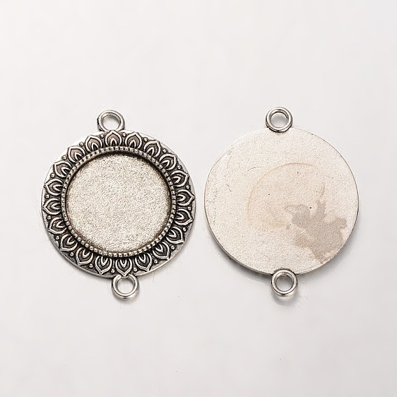 Tibetan Style Alloy Flat Round Cabochon Connector Bezel Settings, Cadmium Free & Lead Free, Tray: 20mm, 37x29x2mm, Hole: 3mm, about 192pcs/kg