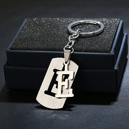 201 porte-clés en acier inoxydable, porte-clés étiquette de chien, avec porte-clés en fer plaqué platine, rectangle avec alphabet fractionné