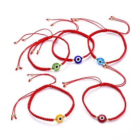 Adjustable Nylon Thread Braided Bead Bracelets, with Handmade Evil Eye Lampwork Beads and Brass Beads