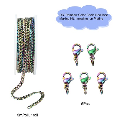 DIY Rainbow Color Chain Necklace Making Kit, Including Ion Plating(IP) 304 Stainless Steel Curb Chains & Lobster Claw Clasps