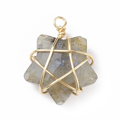 Natural Gemstone Pendants, with Copper Wire Wrapped, Star
