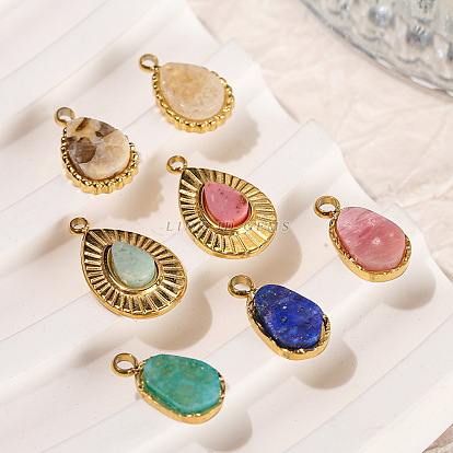Natural Stone Stainless Steel Teardrop-shaped Charms, Golden
