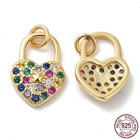 925 Sterling Silver Micro Pave Cubic Zirconia Charms, Heart Lock with Star Charm, with Jump Ring