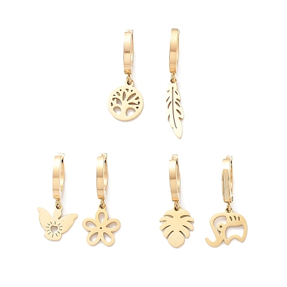 3 paire 3 style feuille & fleur & papillon & arbre & éléphant boucles d'oreilles asymétriques, 304 boucles d'oreilles pendantes en acier inoxydable pour femmes