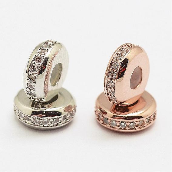 Brass Micro Pave Grade AAA Cubic Zirconia Slider Beads, Stopper Beads, with Plastic, Flat Round, Cadmium Free & Nickel Free & Lead Free