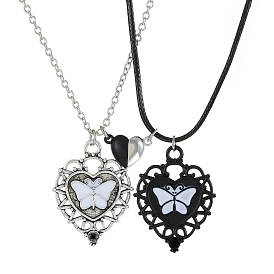 2Pcs 2 Style Heart with Butterfly Alloy Enamel Pendant Necklaces Set, Matching Couple Necklaces with Magnetic Clasps