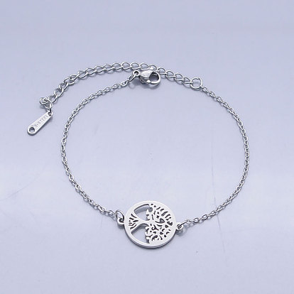 201 Stainless Steel Link Bracelets, with Lobster Claw Clasps, Tree of Life with Flat Round