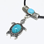 Colliers pendants d'alliage, avec cordon turquoise et ciré, tortue
