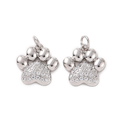 Rack Plating Brass Micro Pave Cubic Zirconia Charms, with Jump Ring, Long-Lasting Plated, Cadmium Free & Lead Free, Dog's Paw Print Charm
