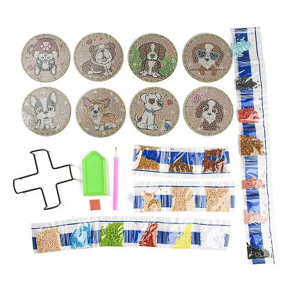 DIY Dog Theme Diamond Painting Wood Cup Mat Kits, Including Coster Holder, Resin Rhinestones, Diamond Sticky Pen, Tray Plate and Glue Clay