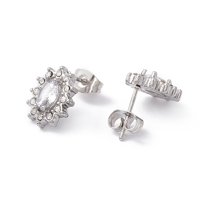 Cubic Zirconia & Rhinestone Oval Flower Stud Earrings, 304 Stainless Steel Jewelry for Women