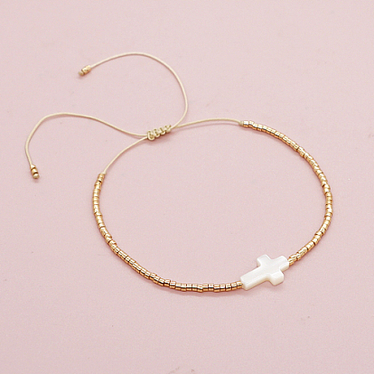Bracelets en perles de rocaille de verre, bracelet réglable en forme de croix de coquillage religieux pour femme