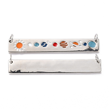 Brass Enamel Pendants Links, Solar System Pendants, with Jump Rings, Long-Lasting Plated, Rectangle & Planet, Colorful